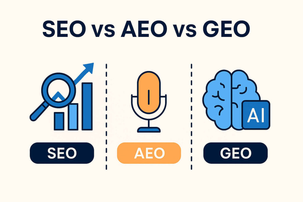 seo vs aeo vs geo rank with mahnoor